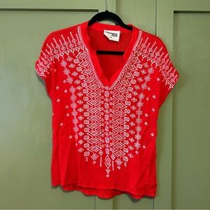 Red Embroidered V-Neck Women’s Top